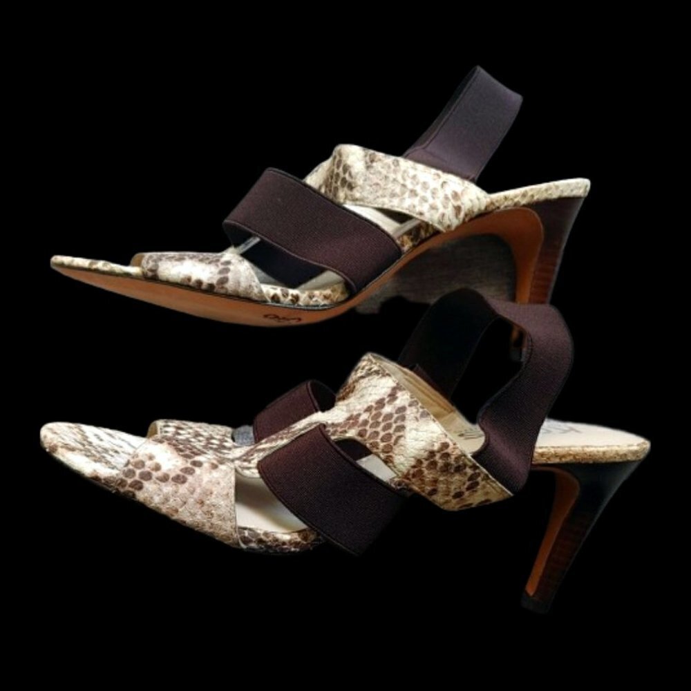 Michael Kors Brown and Tan Leather Snakeskin Print Open Toe Strappy Heels Size 9